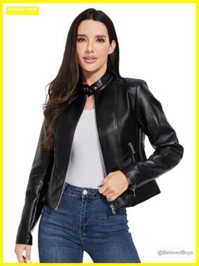 Faux Leather Cropped Motorcycle Jacket Women Moto Biker Blazer
